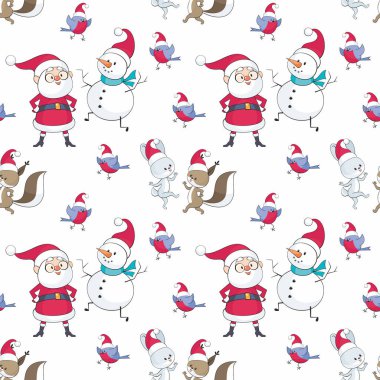 Noel Noel Baba, kardan adam, sevimli hayvanlar ve kuşlar ile seamless modeli. Çocukluk vektör arka planda karikatür tarzı.