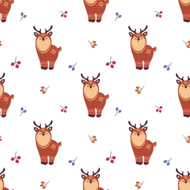 Noel sevimli hayvanlar ile seamless modeli. Çocukluk vektör arka plan etnik tarzda.