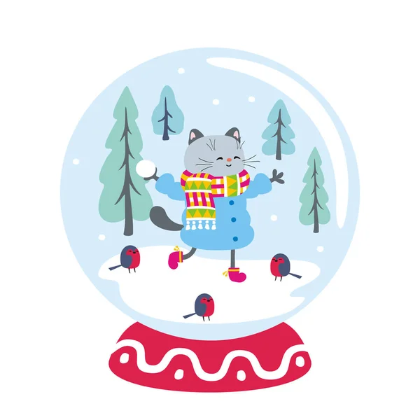 Globo Neve Com Gato Engraçado Paisagem Inverno Ilustração Vetorial Isolada — Vetor de Stock