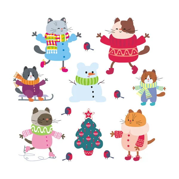 Komik kediler doodle tarzı ile Noel ayarlayın. Beyaz bir arka plan üzerinde izole vektör çizimler.