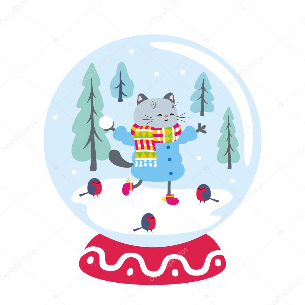 Snow globe with funny cat and winter landscape. Vector illustration isolated on a white background.