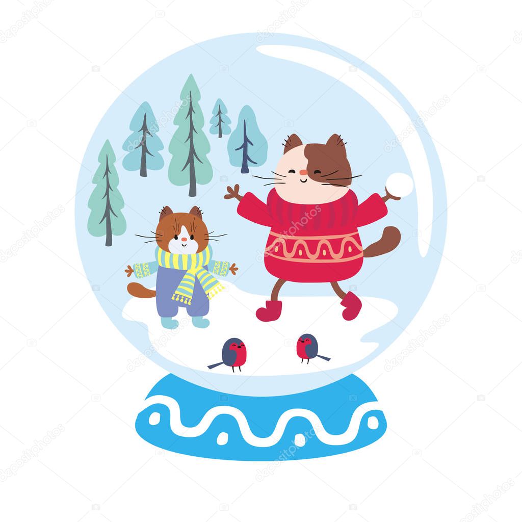 Snow globe with funny cat and winter landscape. Vector illustration isolated on a white background.