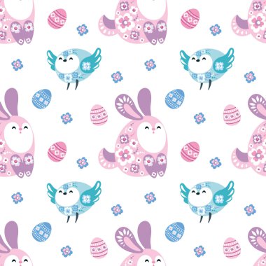 Paskalya yumurtaları, tavşan ve kuş görüntü ile renkli sorunsuz desen. Vektör arka planı.