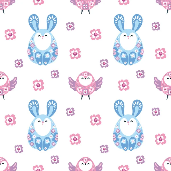 Paskalya yumurtaları, tavşan ve kuş görüntü ile renkli sorunsuz desen. Vektör arka planı.