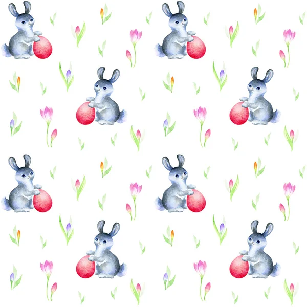 Easter seamless pattern with hand drawn cute bunnies, flowers and colored eggs. Watercolor background.