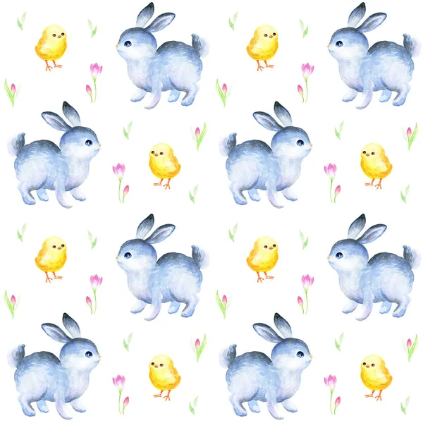 Påsk Sömlösa Mönster Med Handritad Söta Kaniner Kycklingar Blommor Akvarell — Stockfoto