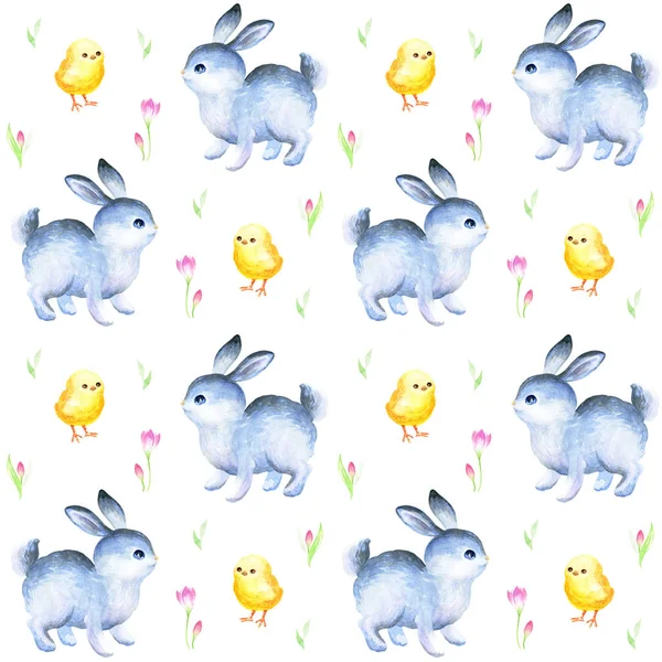 Easter seamless pattern with hand drawn cute bunnies, chickens, flowers. Watercolor background.