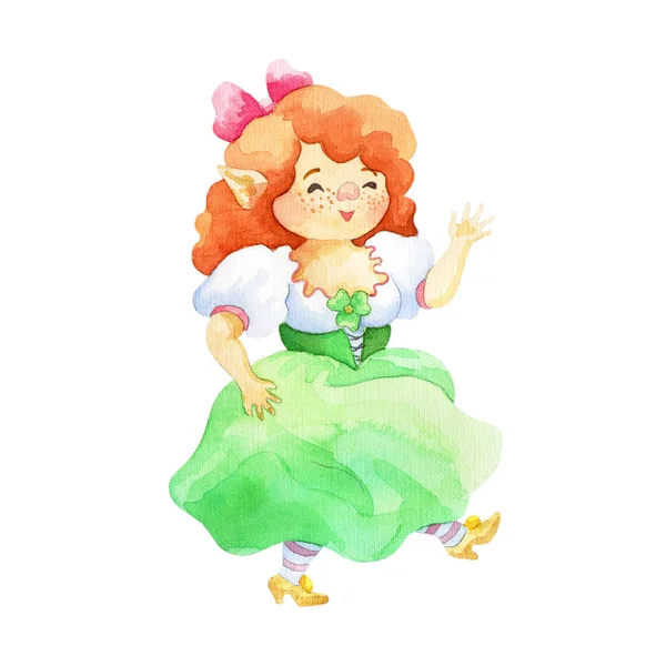 Patricks Dzień Ilustracja Akwarela Ręcznie Rysowane Krasnoludek Dziewczyna — Zdjęcie stockowe