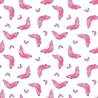 Sevimli kelebekler ile Çocukluk sorunsuz desen. Beyaz arka plan üzerinde izole el boyaması suluboya çizimler.