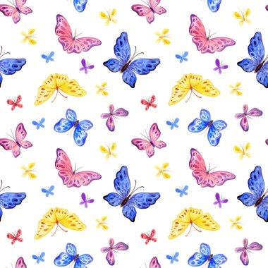 Sevimli kelebekler ile Çocukluk sorunsuz desen. Beyaz arka plan üzerinde izole el boyaması suluboya çizimler.