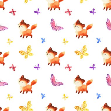 Sevimli kırmızı tilki ve kelebekler ile Çocukluk sorunsuz desen. Beyaz arka plan üzerinde izole el boyaması suluboya çizimler.