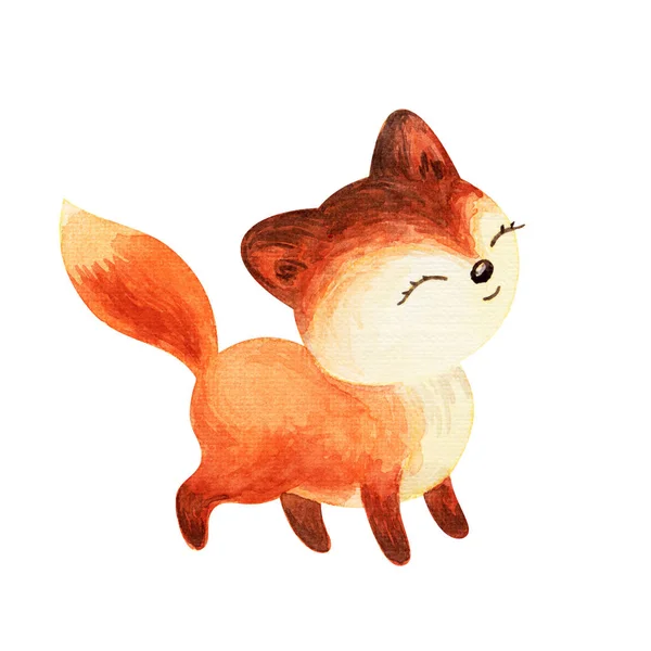 Cute Fluffy Red Fox Hand Painted Watercolor Illustration Isolated White — Stock Photo, Image