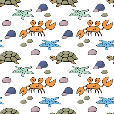 Doodle tarzında deniz canlıları ile renkli sorunsuz desen. Vektör arka planı.