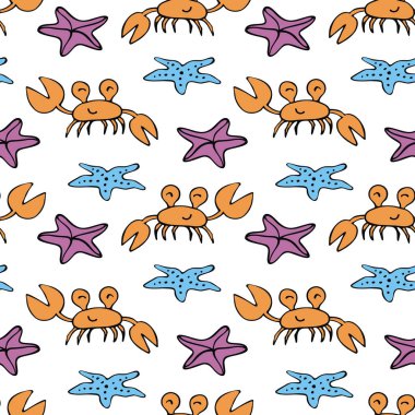 Doodle tarzında deniz canlıları ile renkli sorunsuz desen. Vektör arka planı.