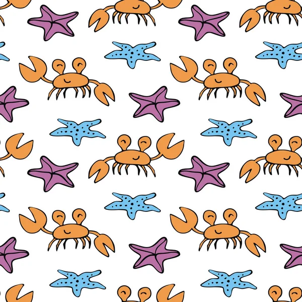 Doodle tarzında deniz canlıları ile renkli sorunsuz desen. Vektör arka planı.