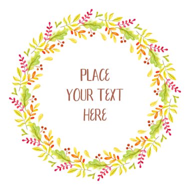 El boyalı yaprakları ile Sonbahar çiçek yuvarlak çerçeve. Suluboya arka plan.