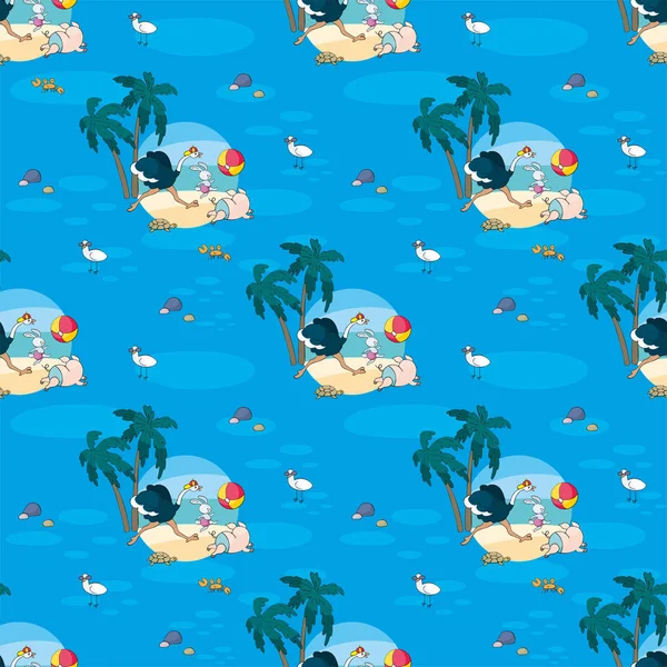Colorful seamless pattern with cute animals and summer beach. Vector background in doodle style.