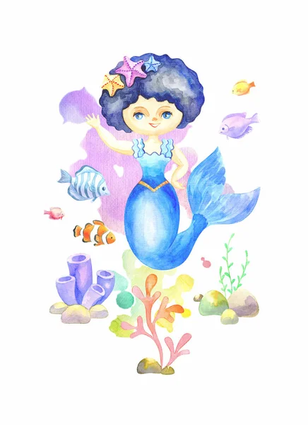 Hermosa Sirena Ilustración Dibujada Mano Colorida Aislada Sobre Fondo Blanco — Foto de Stock