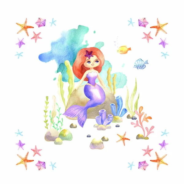 Beautiful Mermaid Colorful Hand Drawn Illustration Isolated White Background Watercolor — Stock Photo, Image