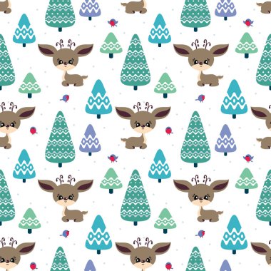 Sevimli geyik ve kuşlar ile renkli sorunsuz desen. Noel vektör arka plan.