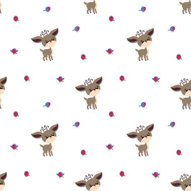 Sevimli geyik ve kuşlar ile renkli sorunsuz desen. Noel vektör arka plan.