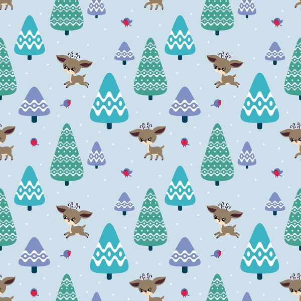 Colorful Seamless Pattern Cute Deer Birds Christmas Vector Background — Stock Vector