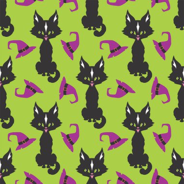 Kara kedilerle cadılar bayramı kusursuz desenler. Renkli vektör arkaplanı