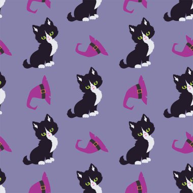 Kara kedilerle cadılar bayramı kusursuz desenler. Renkli vektör arkaplanı