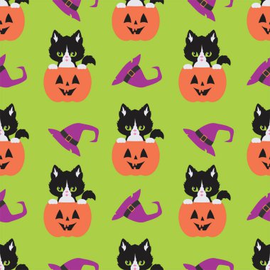 Kara kedilerle cadılar bayramı kusursuz desenler. Renkli vektör arkaplanı
