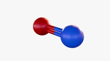 A 3d animation of molecular model of nitric oxide (NO), represented by two spheres connected by two cylindrical bonds.