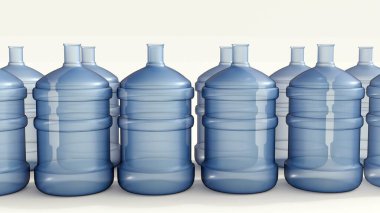 Açık mavi plastik su sürahisinden oluşan 3D bir sıra, sıklıkla 5 galonluk sürahi veya carboy olarak adlandırılır..