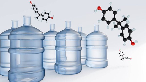 A 3d rendering of chemical structure of Bisphenol A or BPA molecule with a large plastic water gallon a typical reusable water gallon.