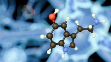 Serotoninin 3 boyutlu illüstrasyonu nörotransmiter görevi görür. Bu da nöronlar arasındaki sinyalleri sinapslar arasında ileten kimyasal bir habercidir.