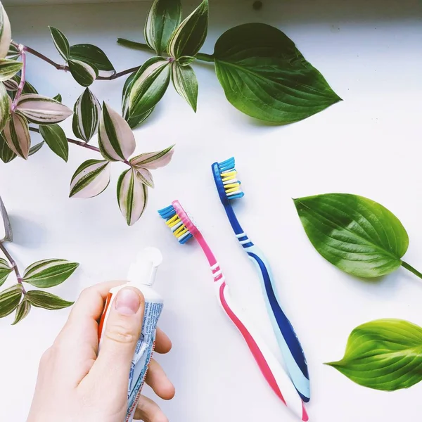 Toothbrushes Toothpaste Rinse Set White Background Dental Healthcare Concept — Stock Photo, Image