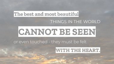 Dramatik bir alıntı, 'Dünyadaki en iyi ve en güzel şeyler görülemez ya da dokunulamaz - Kalp ile hissedilir,' bulanık, dokulu, gri ve beyaz arka planda sergilenir.