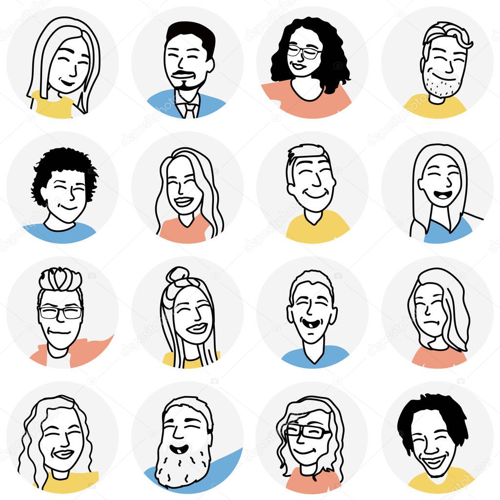 People avatars. 16 icons of people characters. Flat design style modern illustration icons collection. Portraits of men and women with different hairstyles in circular frames isolated on white background.