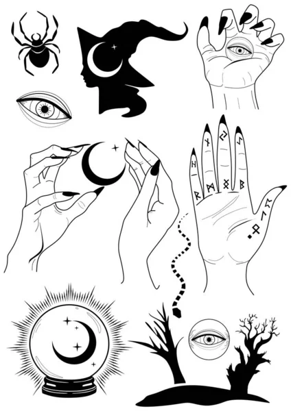 Cadı vektörleri ayarlandı. Ürünün tüm elementleri yüksek çözünürlüklüdür ve kalite kaybı olmadan boyutu kontrol edebilirsiniz..