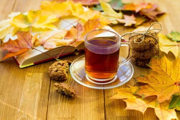 Cup Black Tea Cookies Book Maple Leaves Table — Stock Photo, Image