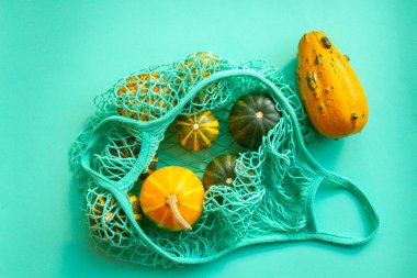 Birkaç sarı sonbahar balkabağı yeşil bir arkaplanda bir alışveriş torbasında yatıyor.. 