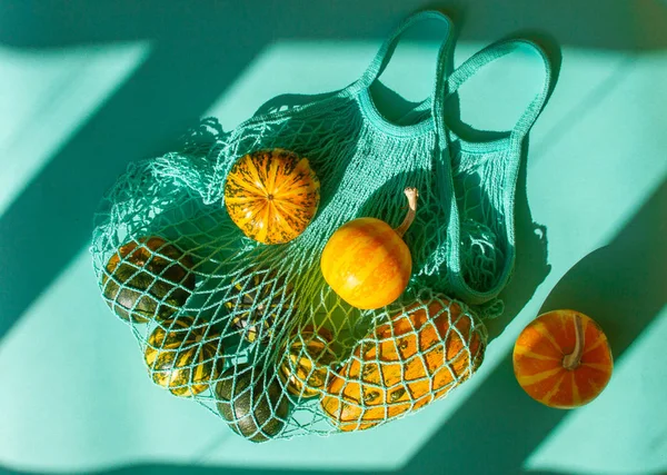 Kleine Dekorative Herbstkürbisse Einem Grünen Schnurbeutel Gemüse Einer Einkaufstasche Auf — Stockfoto