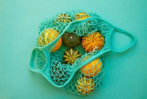 Birkaç sarı sonbahar balkabağı yeşil bir arkaplanda bir alışveriş torbasında yatıyor..