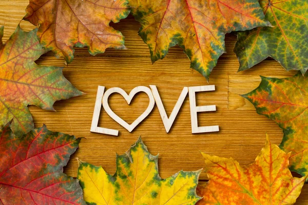 Wooden Inscription Love Autumn Leaves Wooden Rural Table Shot — Stock Photo, Image