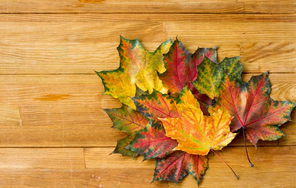 Stock image Bright autumn leaves on a wooden table. Beautiful background. There is an empty space for inscriptions.