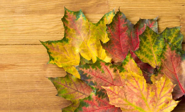 Bright Autumn Leaves Wooden Table Beautiful Background Empty Space Inscriptions — Stock Photo, Image