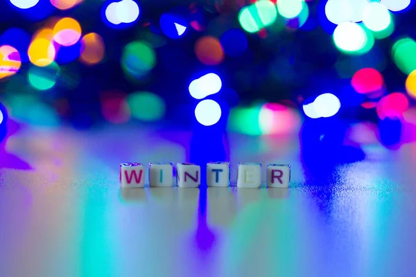 Beautiful Colored Christmas Lights Inscription Winter Cubes — Stock Photo, Image