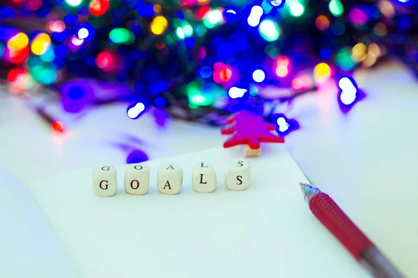 Beautiful Colored Christmas Lights Inscription Goals Cubes — Stock Photo, Image