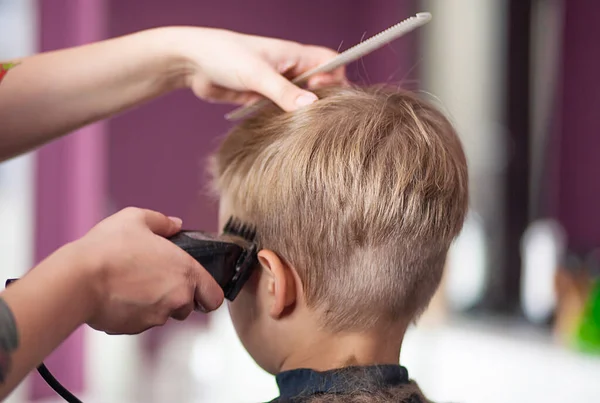 Een Kleine Leuke Jongen Zit Een Kapsalon Bij Stylisten Een — Stockfoto