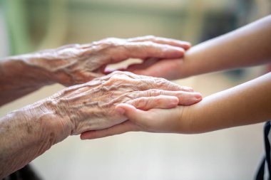 Çocuğun elleri büyükannenin ellerinde, yaşlı kadının yaşlı kahverengi teni, anne sevgisi ve bakımı..
