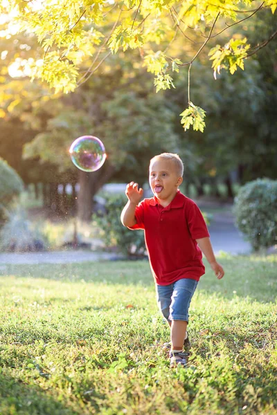 Menino Bonito Com Síndrome Brinca Com Enormes Bolhas Sabão Parque — Fotografia de Stock