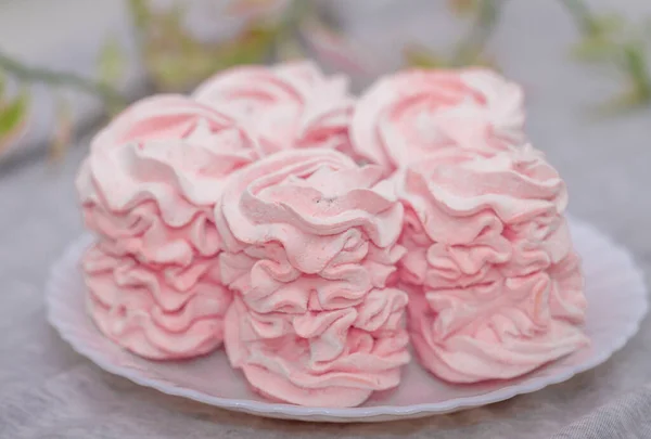 Byt Ležel Domácí Marshmallows Zephyr Meringue Pozadí Koláče Posypané Práškovým — Stock fotografie